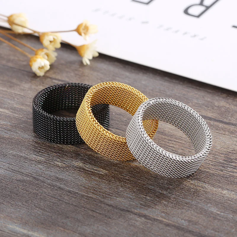 Hip Hop Stainless Steel Couple Ring Fashion Mesh Patterned Rings Simple Wedding Bands Women Men's Party Jewelry image 4