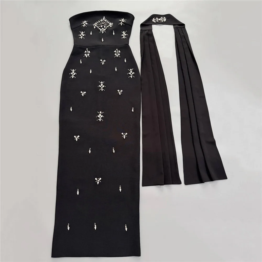 2026 Sommer Neues Luxuriöses Strass-Bandage-Kleid Damen Perlenbesetztes Trägerloses Elegantes Kleid mit Schal – Detail 6