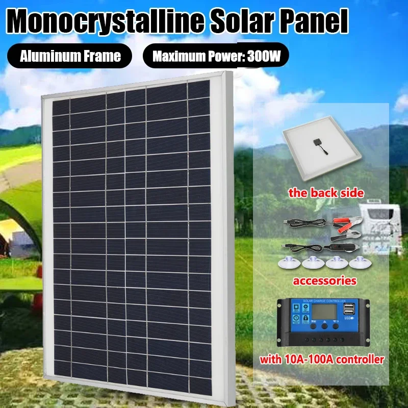 300W Solar Panel Kit Portable 12V Monocrystalline Aluminum Frame Dual USB Outdoor Solar Cell Power Bank for Phone Laptop Camping