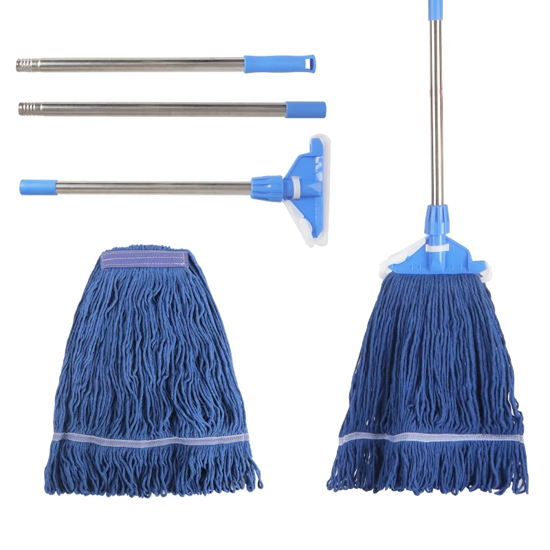 Blue Cotton String Mop with Extra Mop Head, Detachable Stainless Steel Handle Wet Floor Mop for Household Kitchen Cleaning