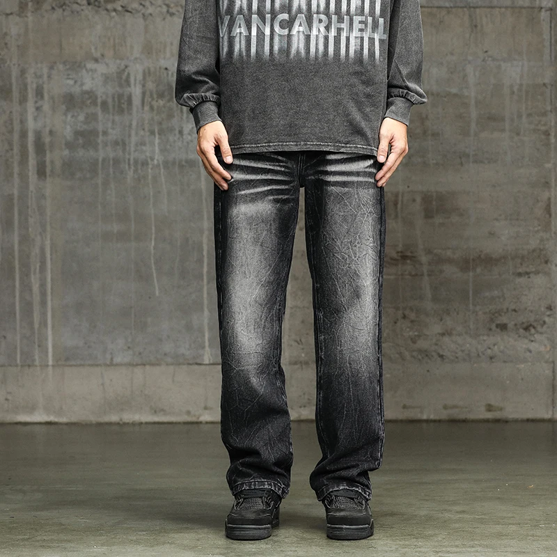 

Новые мужские осенние черные джинсы, свободные широкие брюки с градиентом, прямые джинсовые брюки, мужская американская уличная одежда, модные брюки в стиле ретро