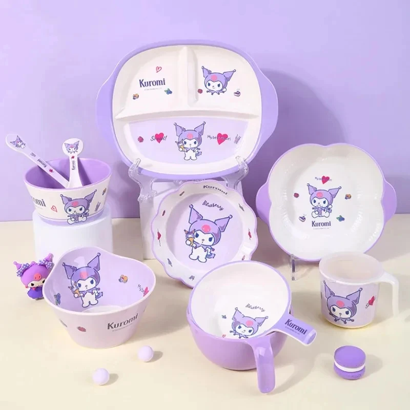 

New Kawaii Sanrio Children's Tableware Anime Kuromi Portable Dish Plate Cup Home Cute Anti-Scalding Plate Food Children Gift