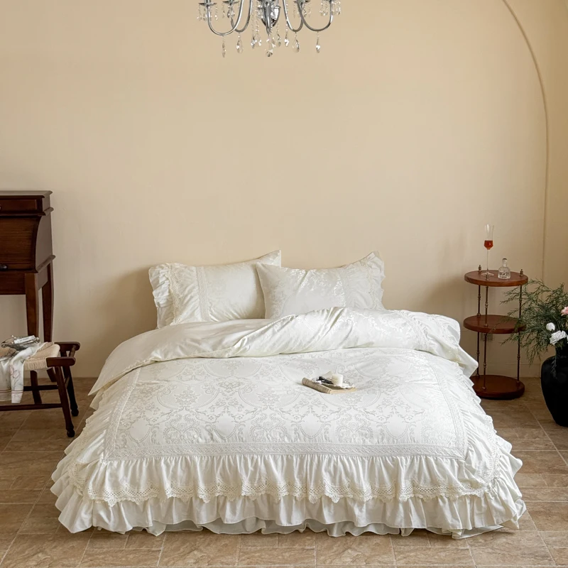 

Vintage Jacquard Lace Ruffles Princess Bedding Set 100S Satin Cotton Duvet Cover Bed Sheet/Bed Skirt/Fitted Sheet Pillowcases
