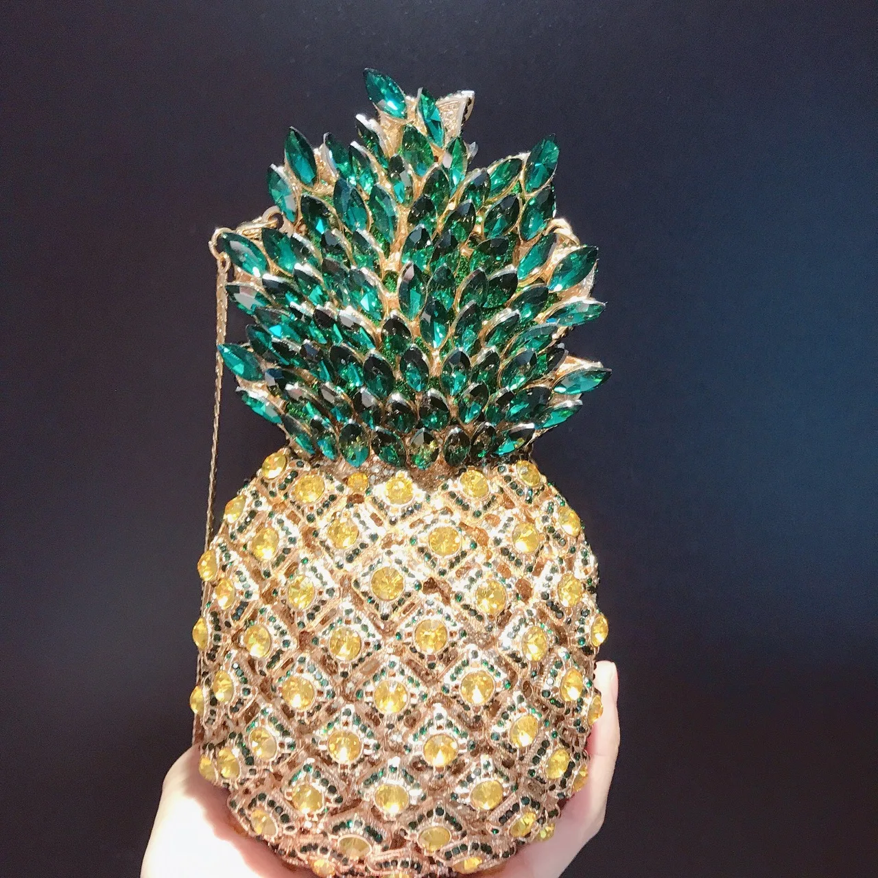 

Pineapple Fruits Unique Women Rhinestones Bags Luxury Designer Handbags Crystal Party Prom Clutches Fashion Metal Chain Bags