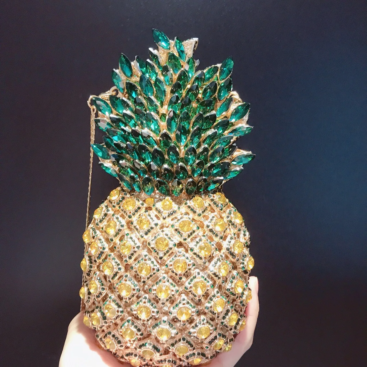 Pineapple Fruits Unique Women Rhinestones Bags Luxury Designer Handbags Crystal Party Prom Clutches Fashion Metal Chain Bags