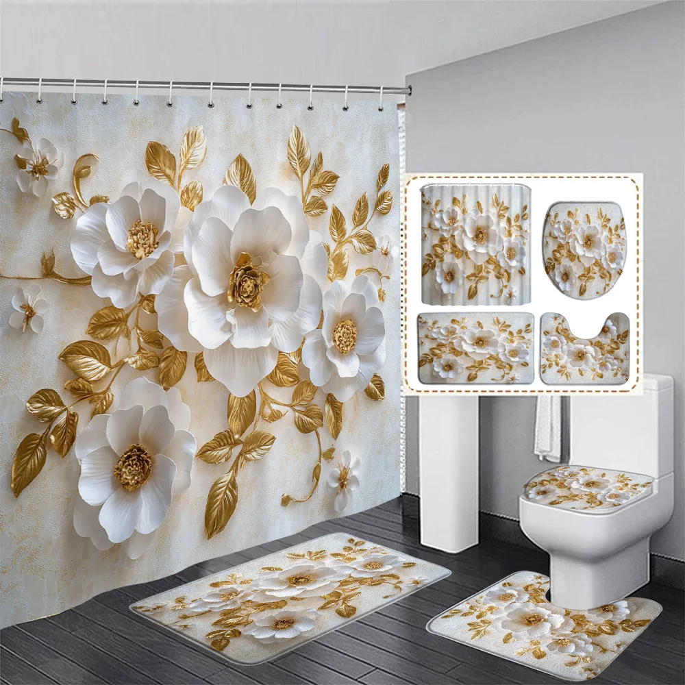 Pink White Floral Shower Curtain Set Luxury Art Flowers Modern Bathroom Decorative Bath Curtains Bath Mat Toilet Lid Cover