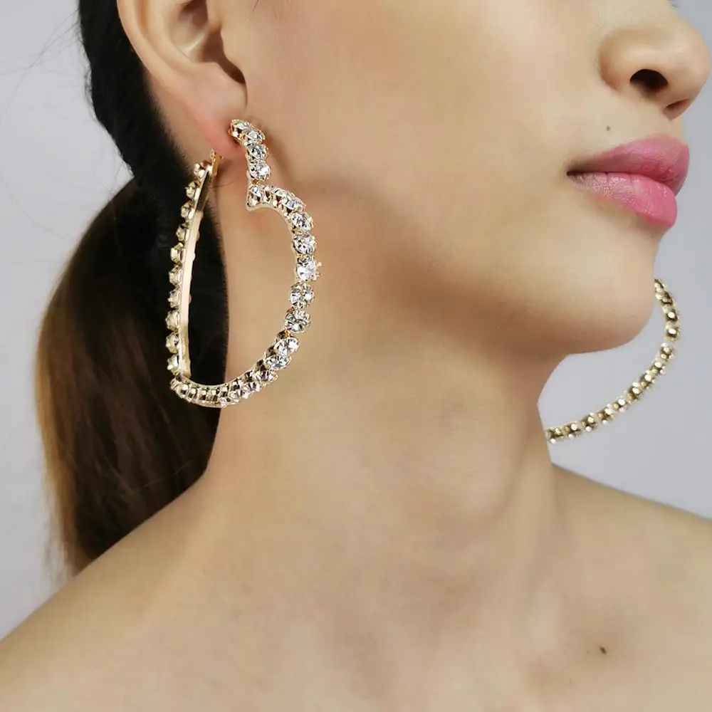 

Fashion Heart Rhinestones Big Hoop Earrings For Women Statement Crystal Earring Charm Bride Wedding Jewelry Gold Color 2024