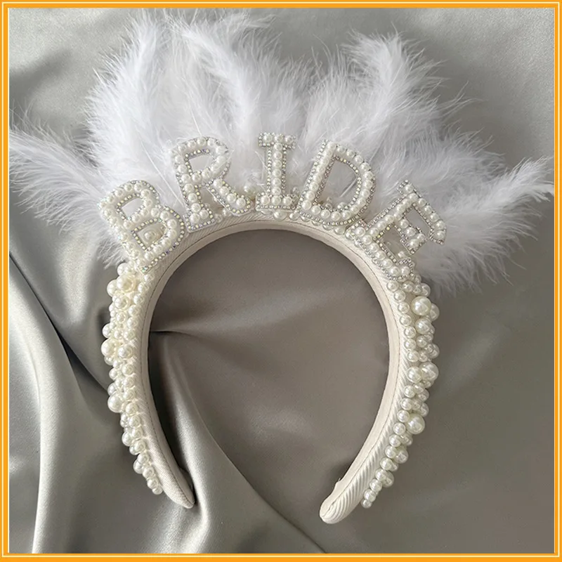 Romantic Feather and Faux Pearl Letter Bride Headband for Bachelorette Parties and Weddings for  Bridesmaids Wedding Attendees