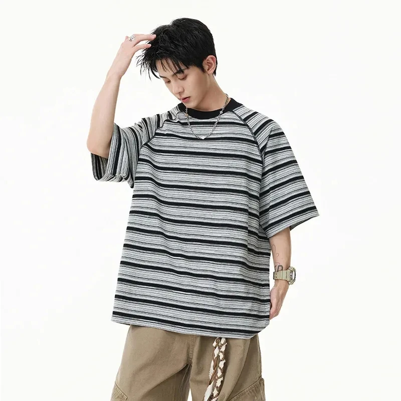 

Мужская футболка в стиле ретро с полосками, рукава реглан, свободный крой, короткий рукав, повседневная уличная одежда, пуловер
