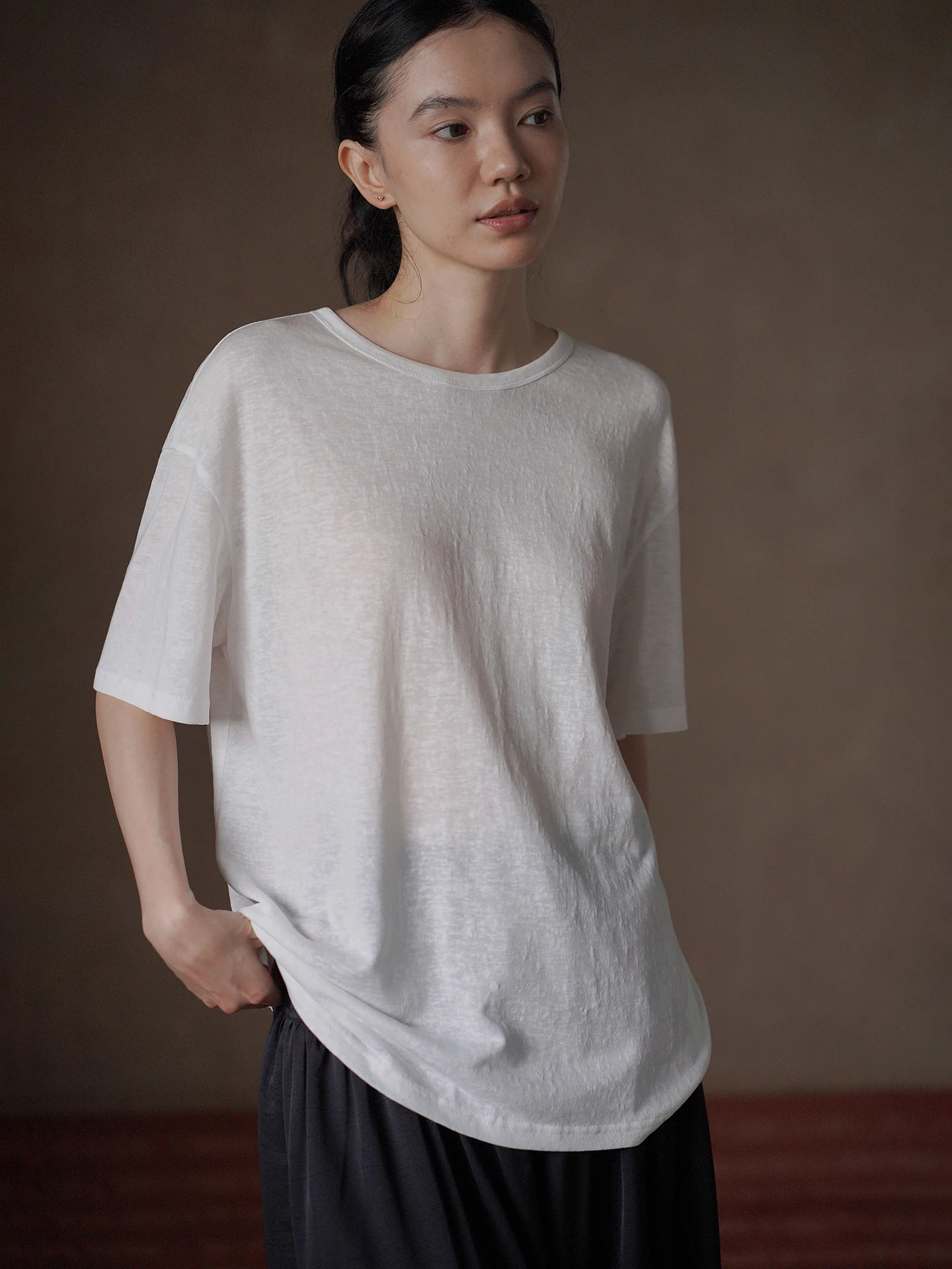Hacikis Miss High-Quality Silk Linen Blend Lightweight Cool Texture Loose Slimming Belted Short Sleeve T-Shirt Casual Style S...