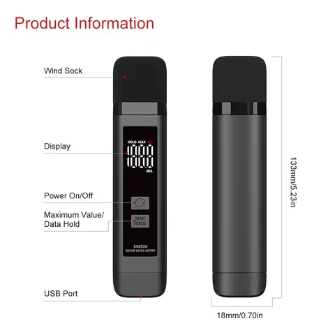 New Black TA657A Mini Decibel Meter With Digital Display Db Meter 3.7V 220mAH Rechargeable Battery Sound Level Meter