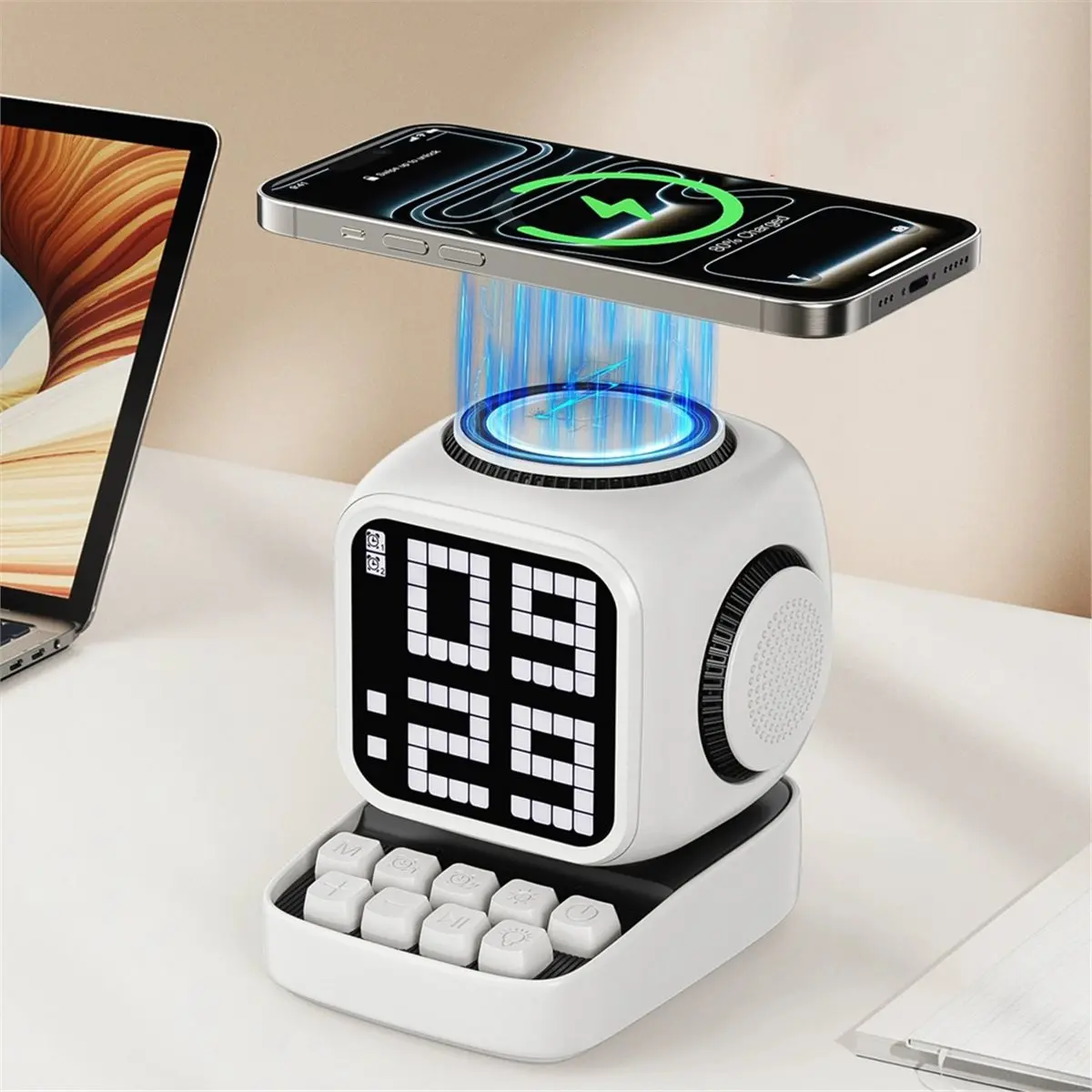 

Ретро Bluetooth-колонка T19C с пиксельным дизайном, 15 Вт, беспроводная зарядка, часы, генератор белого шума, декор для дома, милый подарок, черная