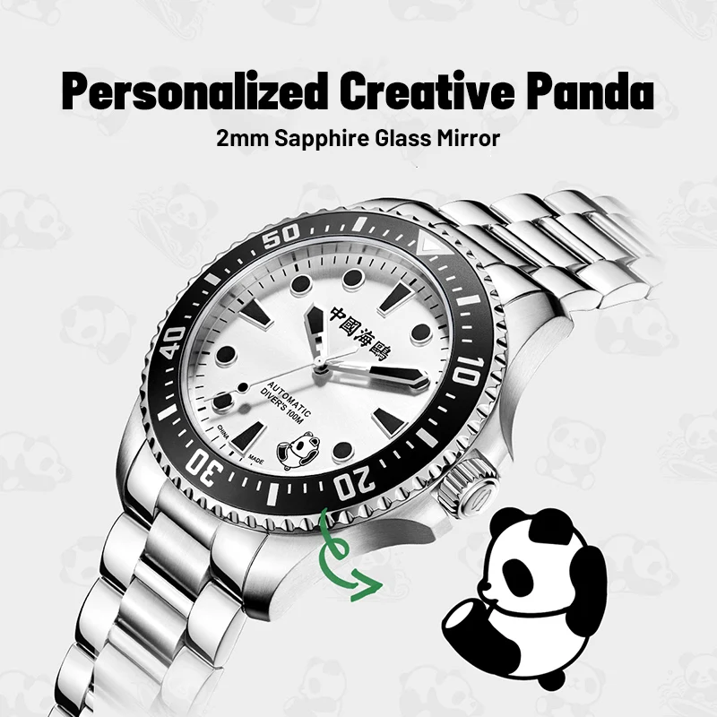 Seagull Diving Watch for Men Rolling Panda 44.5mm 10Bar Waterproof Luminous Sapphire Stainless Steel Strap Wristwatch 1066