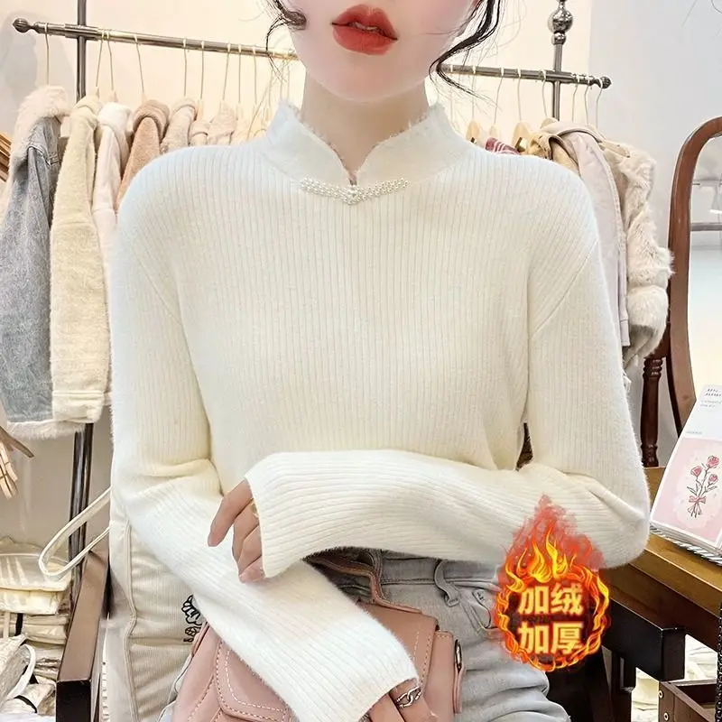 Chinese Style Pearl Scented Integrated Western Style Sweater with Thick Velvet and Stand Up Collar Chinese Style Base Top Women