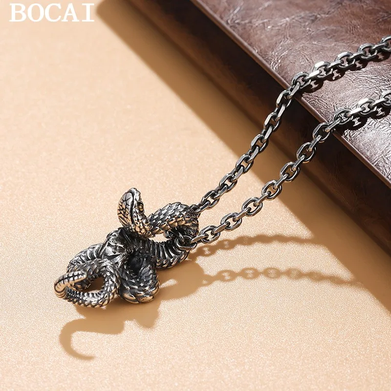 

BOCAI S925 Silver Retro Personality Rattlesnake Pendant Gift For Men