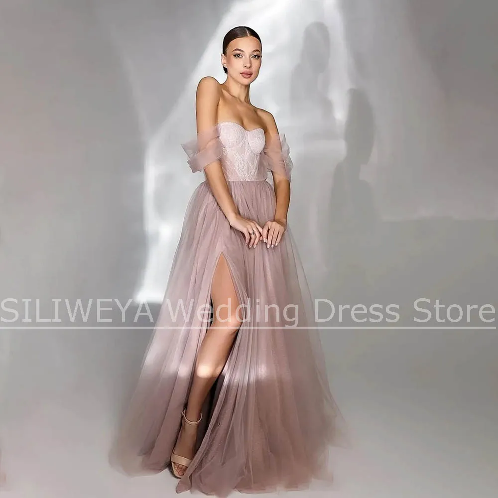 Altrosa schulterfreies Abendkleid mit Puffärmeln, Tüll, A-Linie, hoher Schlitz, formelles Partykleid, anpassbares Luxus-Abschlussballkleid