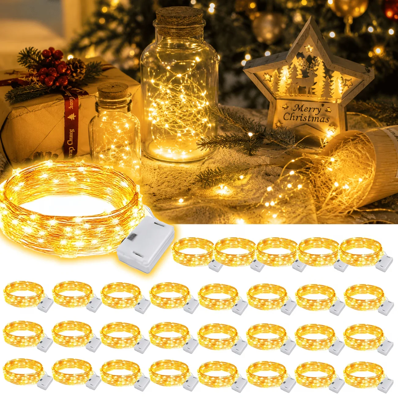 Indoor Micro LED String Lights Flexible Copper Wire LR44 Batteries Included 3 Modes 1M-5M 10-50LED per String for Party Room Dec