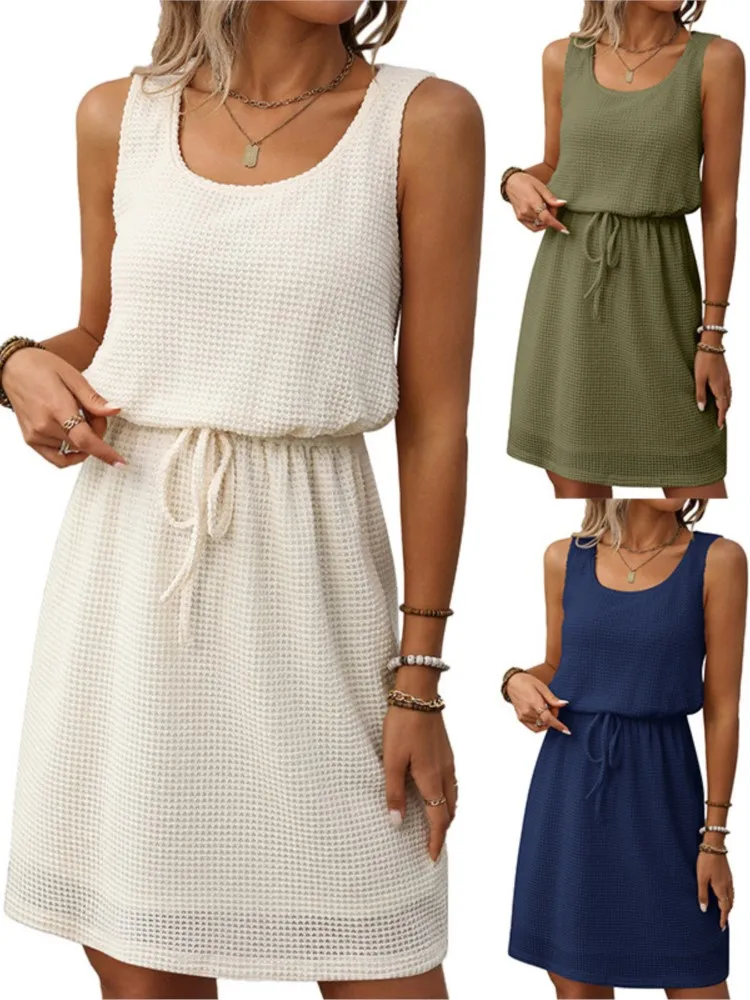 Drawstring Dress Dresses 2025 Woman Vestidos Spaghetti Strap Square Leader Sleeveless Solid Color Simple Style All-match Casual