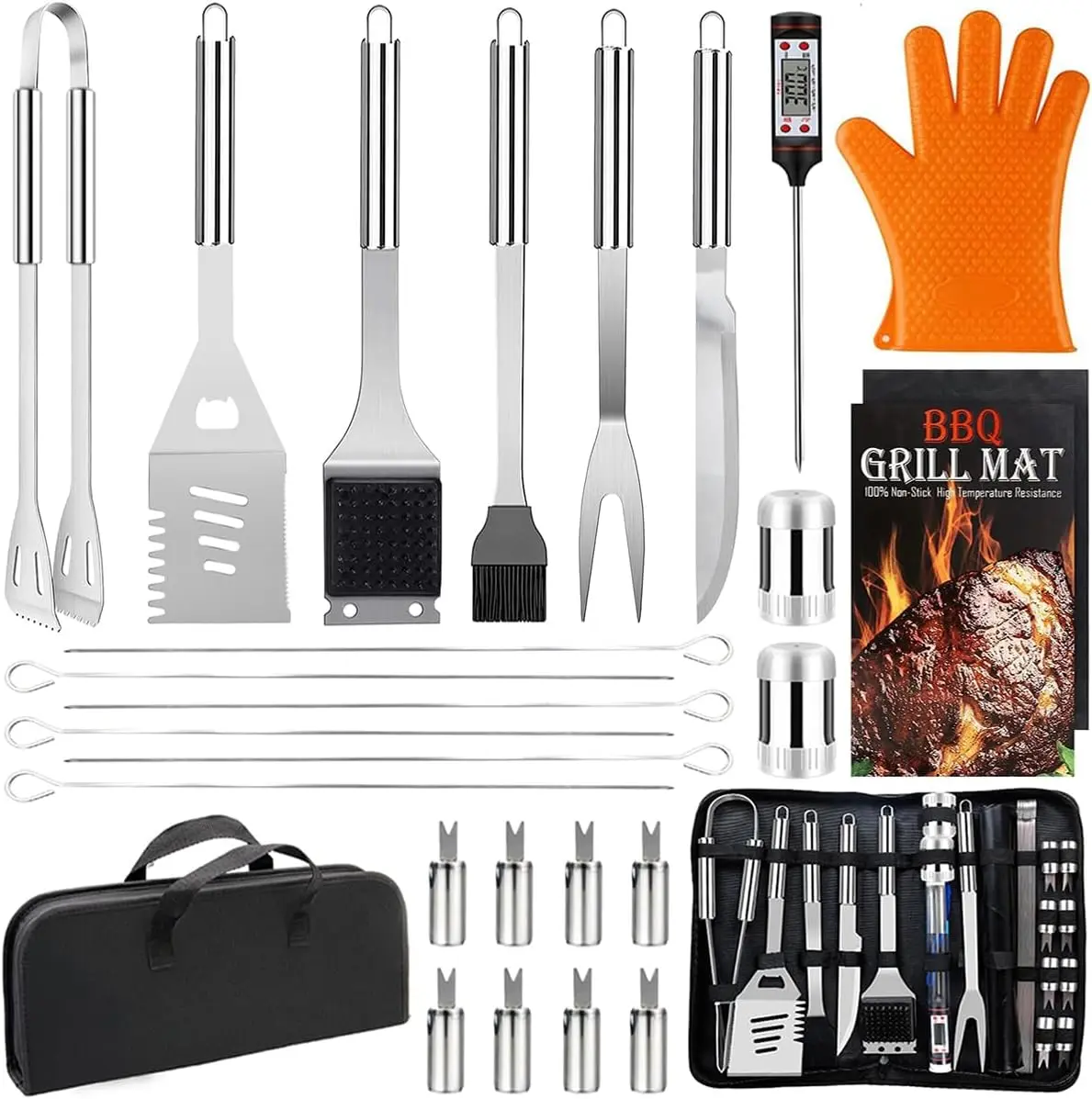 

28PCS Stainless Steel BBQ Grill Tools Set with Storage Bag, Portable Grilling Utensils for Outdoor Camping and Gifts