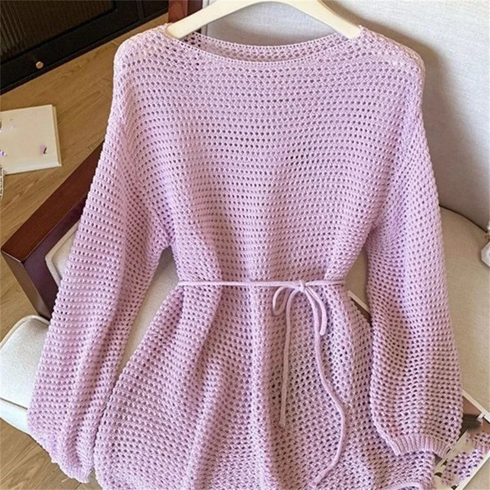 Hollow Out Knitted Pullover Long Sleeve Tops Women Casual Loose Round Neck Oversize T-shirt Thin Summer Sweaters