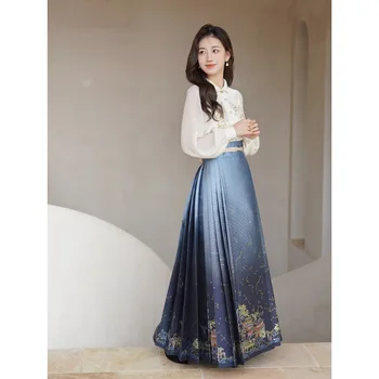 한푸 정품 중국 스타일 말 얼굴 스커트, 여성 전통 드레스, 모던 셔츠 자수 스커트 세트, 데일리 댄스 의상