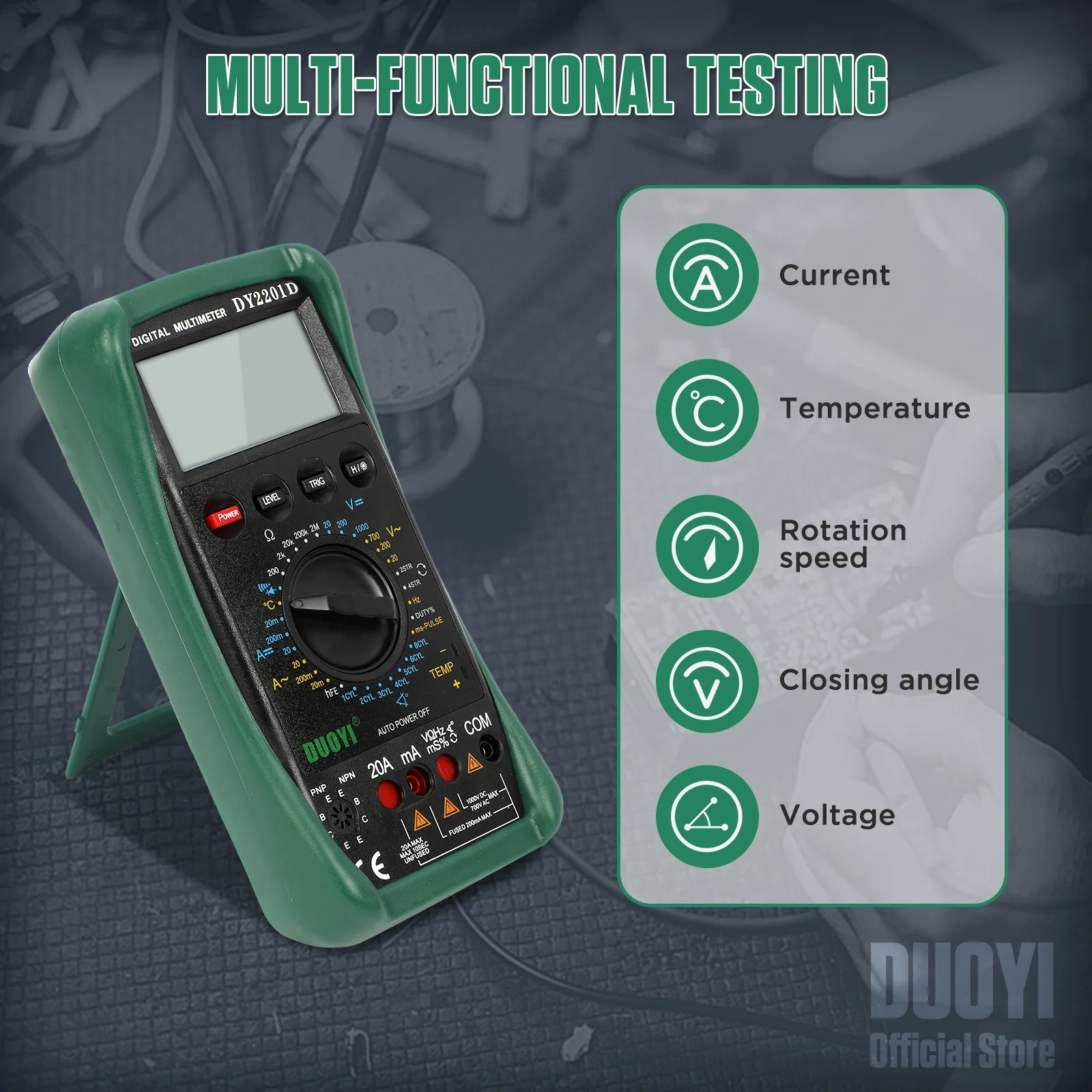 DUOYI DY2201D Handheld Professional Digital Multimeter With Speed Conversion SensorNon-contact RPM Dwell Angle Frequency Temp