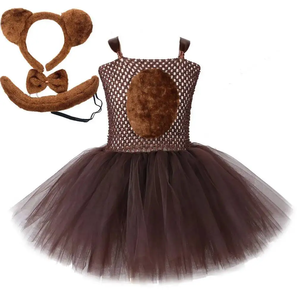 Brown Bear Tutu Dress for Baby Girls Animal Halloween Costume Kids Christmas Birthday Outfit Children Clothes with Ears Bow Tail
