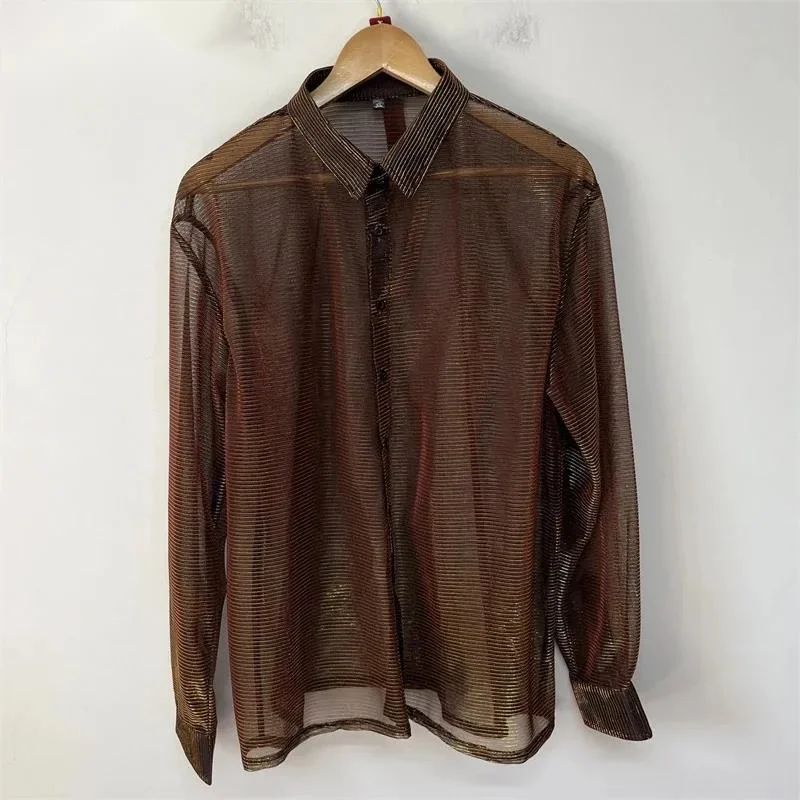 Sheen Sheer Mesh Men's Shirts Simple Solid Color Loose-fitting Versatile Tops 2026 Summer New Long Sleeve Tops W56T