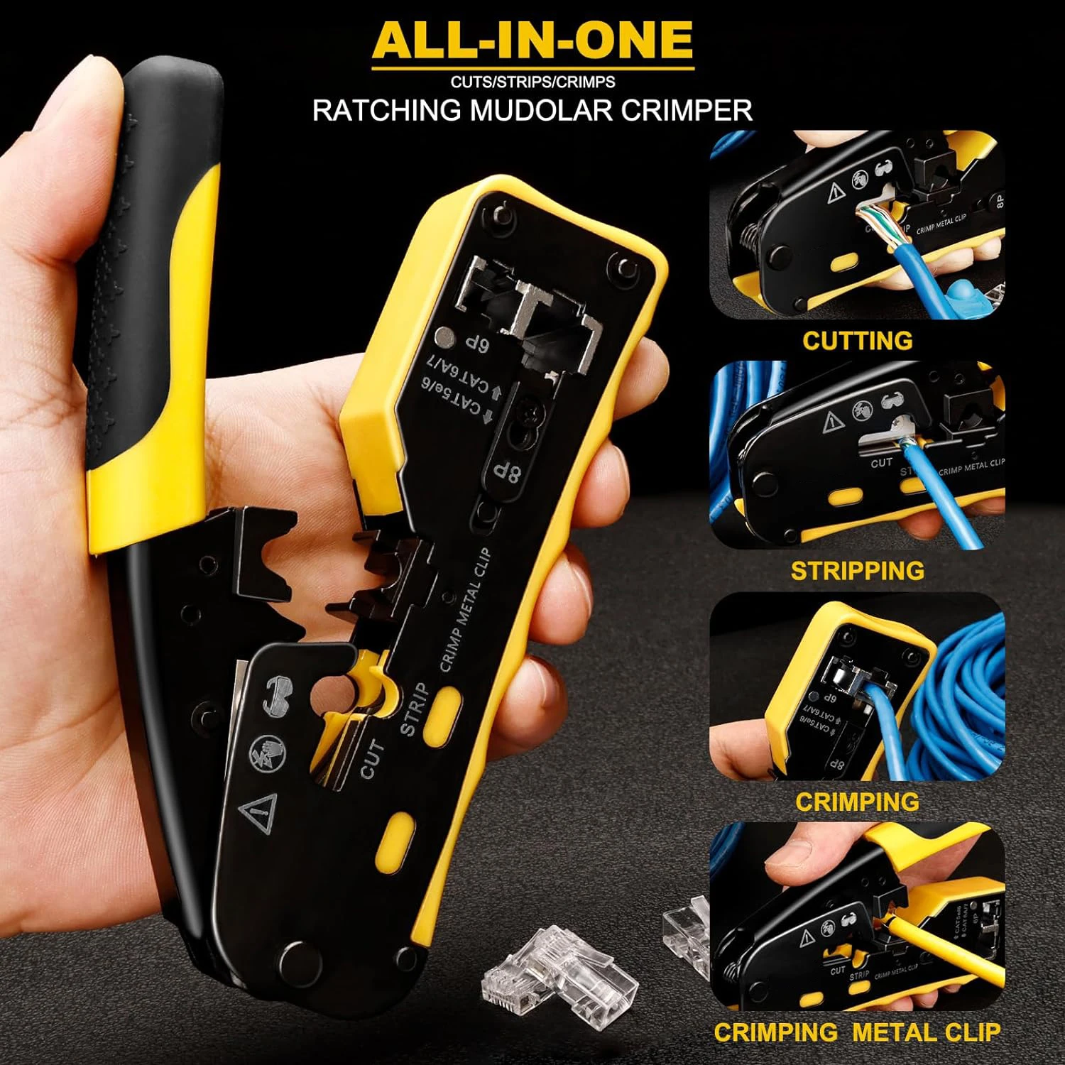 ZoeRax RJ45 Crimp Tool Pass Through Industrial Grade Ethernet Crimper All-in-one Ratcheting Modular Data Cable Crimper