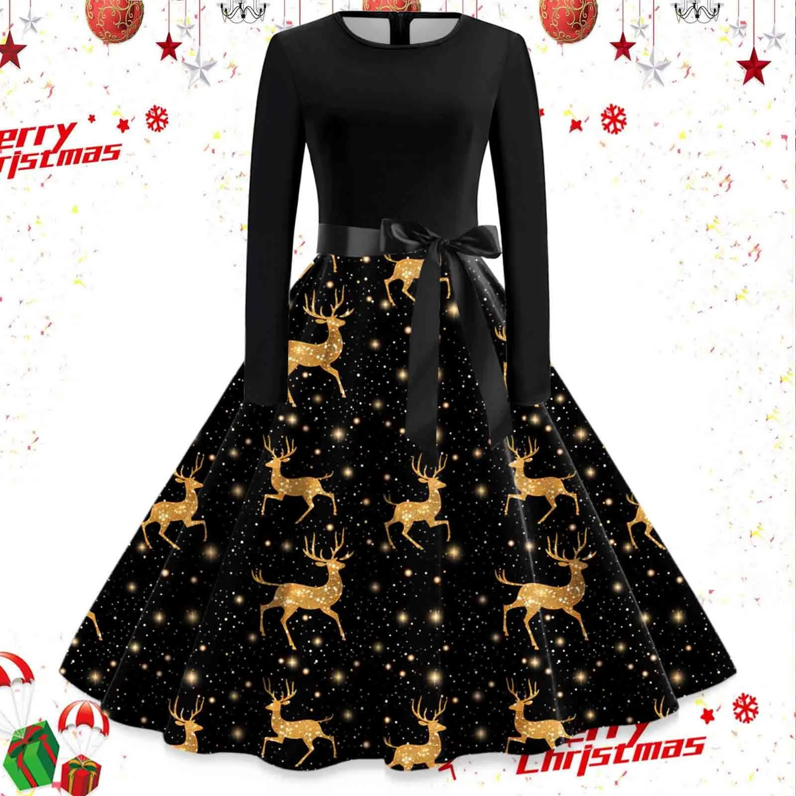 

2023 New Winter Christmas Dresses Women Swing Costume Robe Pinup Vintage Long Sleeve Gothic Print Rockabilly Xmas New Year Party