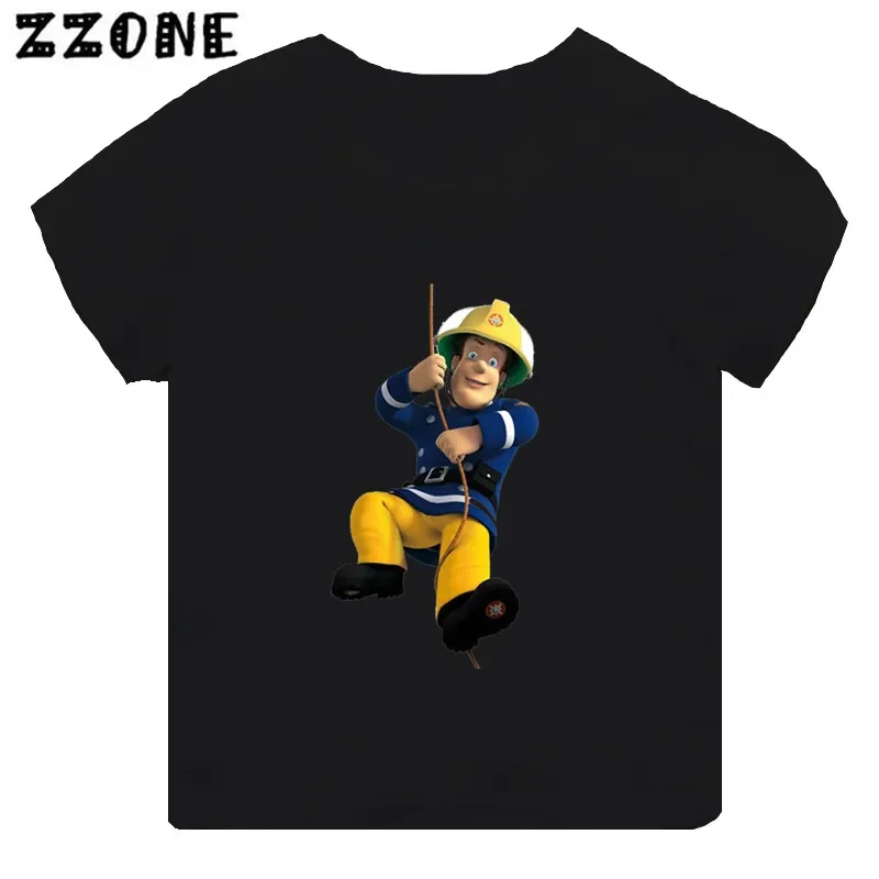 Camiseta con estampado de bombero Sam para niños, ropa divertida para niñas, camiseta de manga corta negra, Tops para niños, gran oferta, TH2450