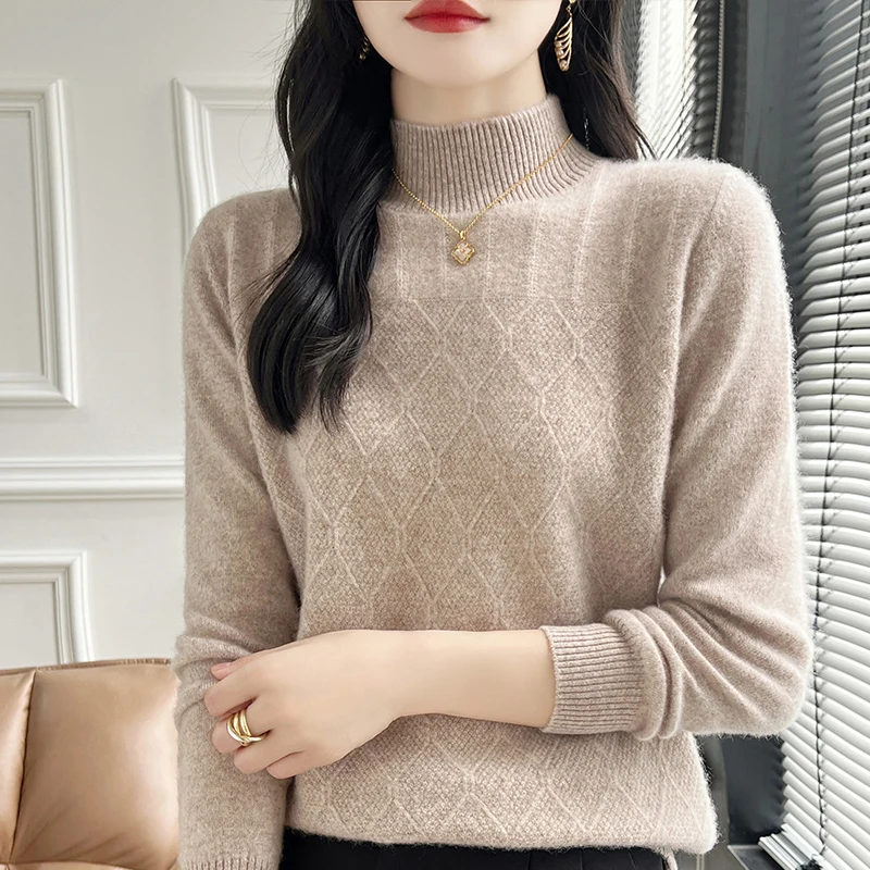 

Women's 100%Pure Wool Knitted Sweater 2025Autumn Half-High-Neck Loose Pullovers Fashion Jacquard Joker Tops Warm Bottoming Shirt