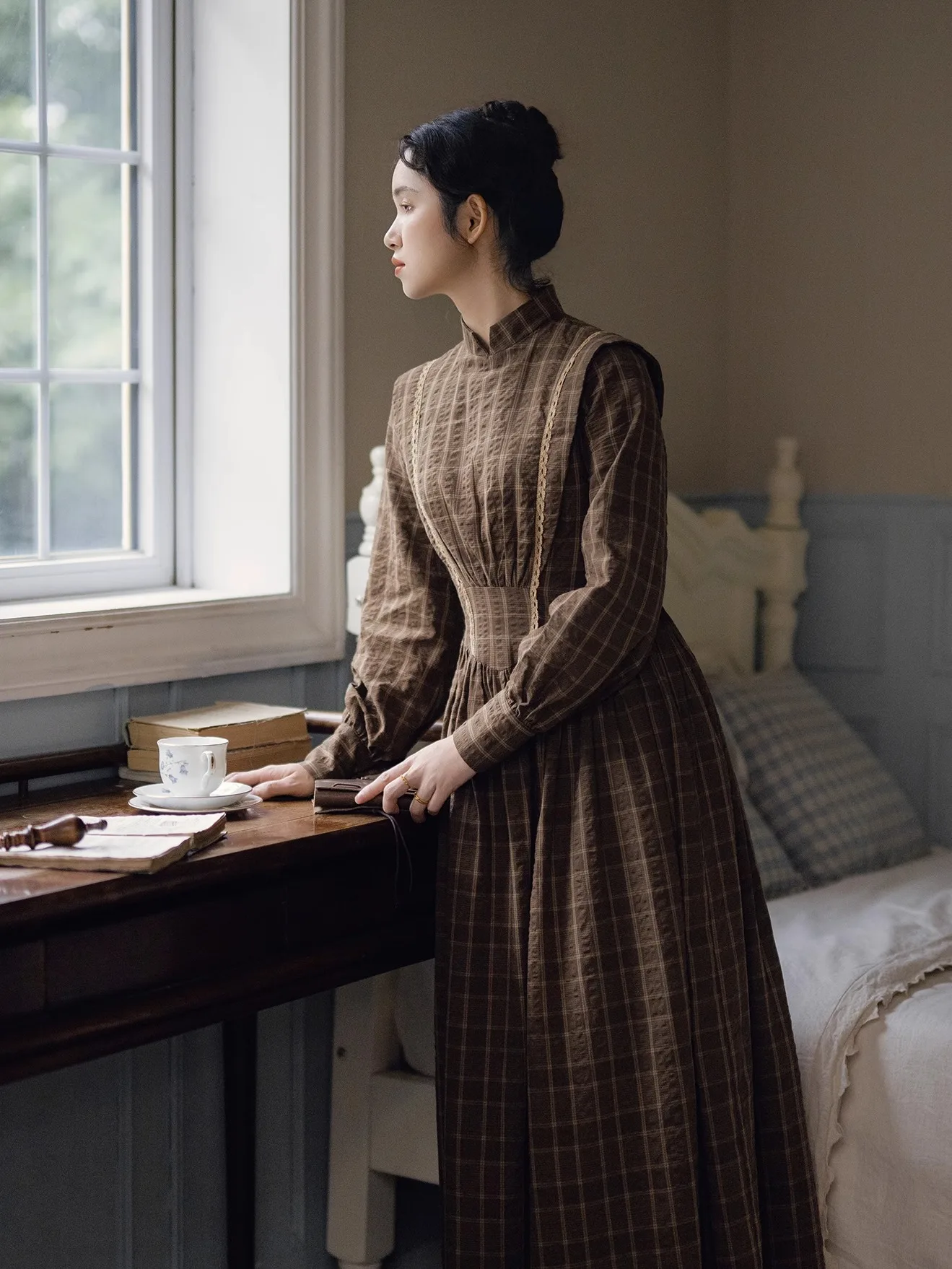 TIYIHAILEY 100% coton Plaid printemps automne femmes robe pleine lanterne manches longue Maxi dames S-XL Vintage taille haute col montant