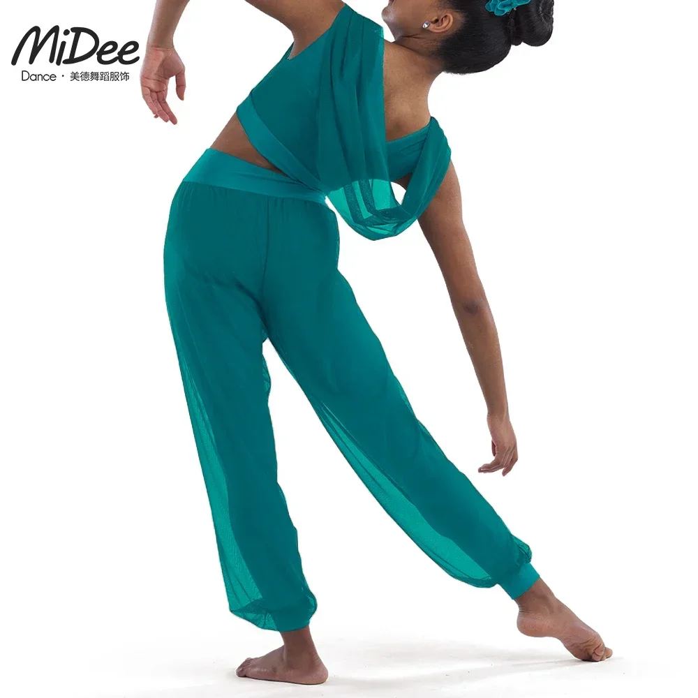 MiDee Modern Dance Crop Top Leotard for Girls Kids Mesh Wide Leg Pants with Lycra Attached Suit Lyrical Outfits Clothes Women