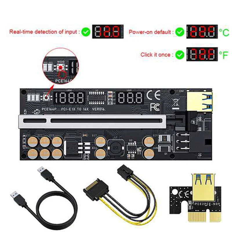 Riser 016 USB3.0 PCIE Riser PCI Express X16 adaptador 016 GPU Riser Card SATA 15PIN a 6pin Power Voltage Monitoring