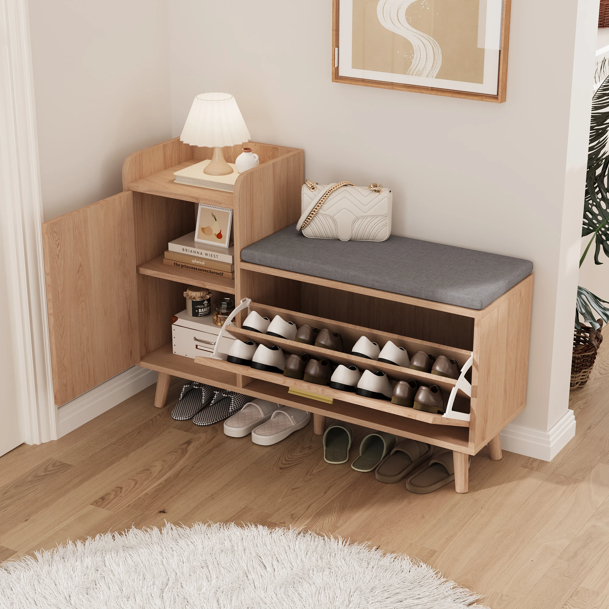 Fangange Schuhschrank mit Klappschublade, Schuhaufbewahrungsbank mit Seitenschrank & gepolstertem Sitz, MDF-Schuhaufbewahrung für den Flur mit 13 cm Massivholzbeinen für Saugroboter, für den