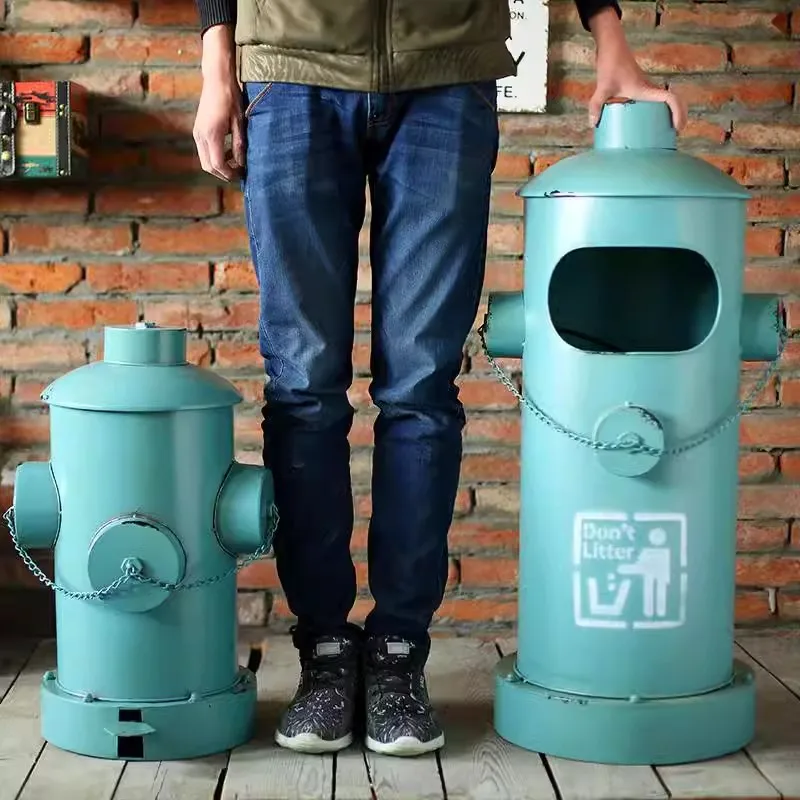 Outdoor creative industrial wind fire hydrant floor large trash can home store wrought iron retro ornament trash can