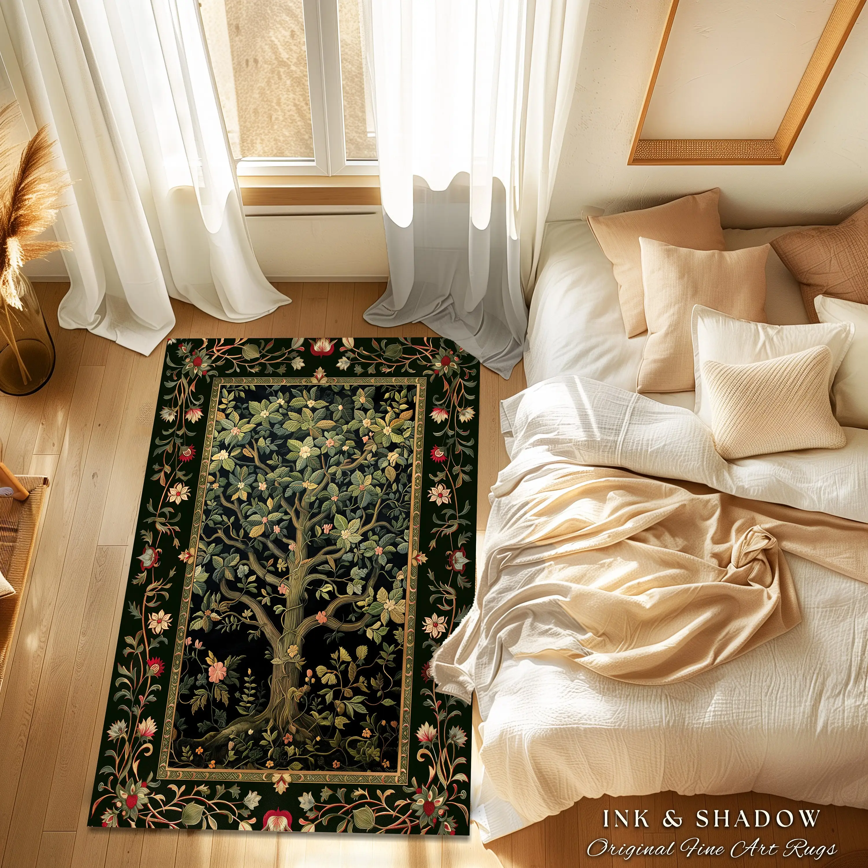 Elegant Botanical Accent Rug Bohemian Aesthetic Living Room Home Decor Rustic Gift Cottagecore Earth Tone Bedroom Floor Mat