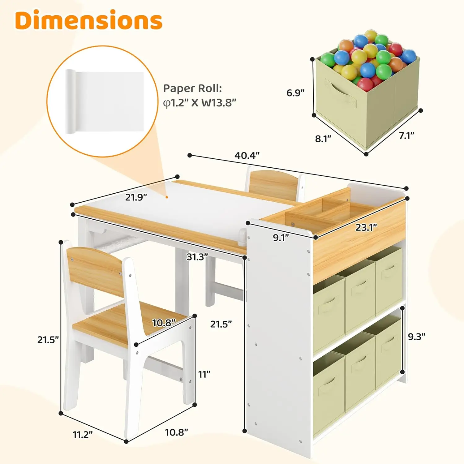 Kids Art Table and Chairs, Wooden Kids Craft Table and Chairs with Storage Bins and Paper Roll, Toddler Activity, Customized