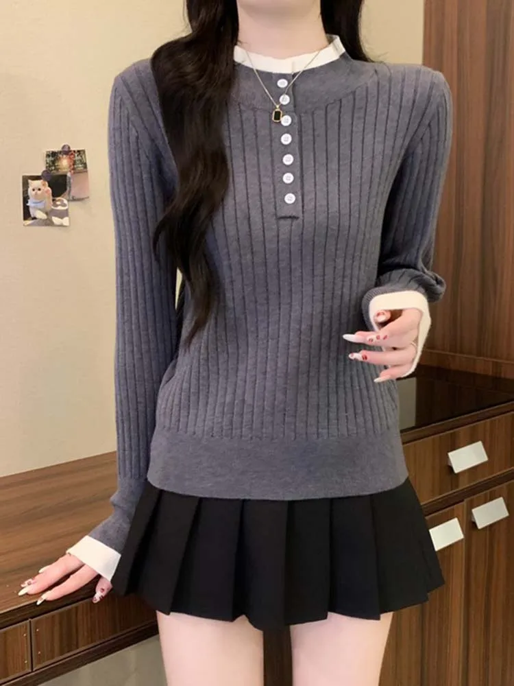 Maglione a Maniche Lunghe Color Blo per Donna, Autunno Inverno, Moda Slim Fit, Strato Base, Top Interno, Stile Coreano