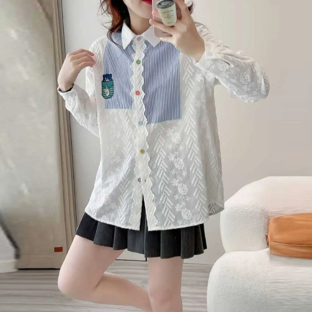 

Японские милые хлопковые рубашки в полоску с вышивкой Mori Girl, женские осенние повседневные блузки с отложным воротником и длинными рукавами, топы