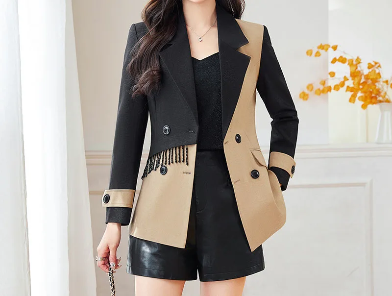 Tesco British Style Women's Blazer Suit Double Breasted Casual Jacket Patchwork Beading Fashion Female Coat Office Outerwear