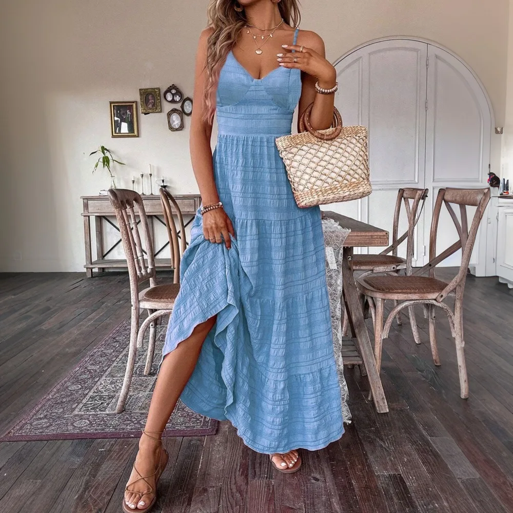 فستان ماكسي أنيق بحمالات بلون موحد، أزياء نسائية جديدة لربيع هذا العام، فستان طويل بخصر مرتفع من البوليستر المحبوك السميك #5