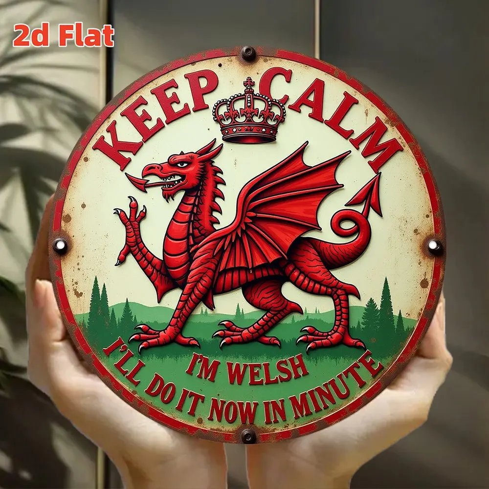 2D Flat, [2D Flat] 2D Flat Print 1pc Metal Iron Sign. Metal Wall Decoration Featuring The Welsh Red Dragon with The Phrase 'Keep