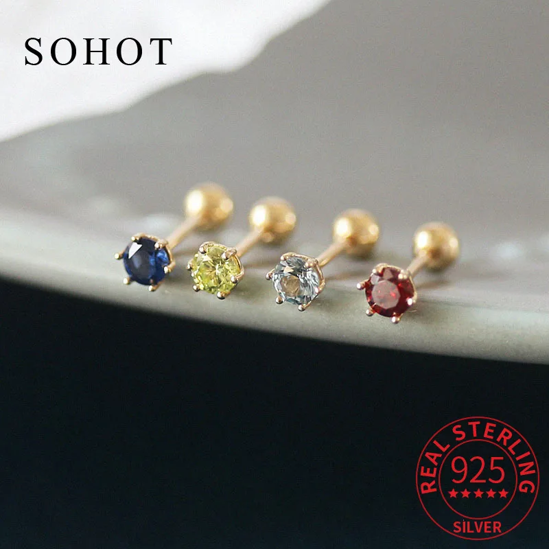 

Real 925 Sterling Silver 18k Gold Colorful Zircon Screw Bead Stud Earrings for Charm Women Minimalist Fine Jewelry Accessories