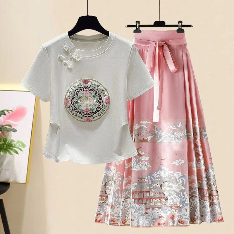 

Белая футболка Ele ort Sve Новая китайская юбка с пуговицами Sensation Hanfu Improved Wind Face Skirt