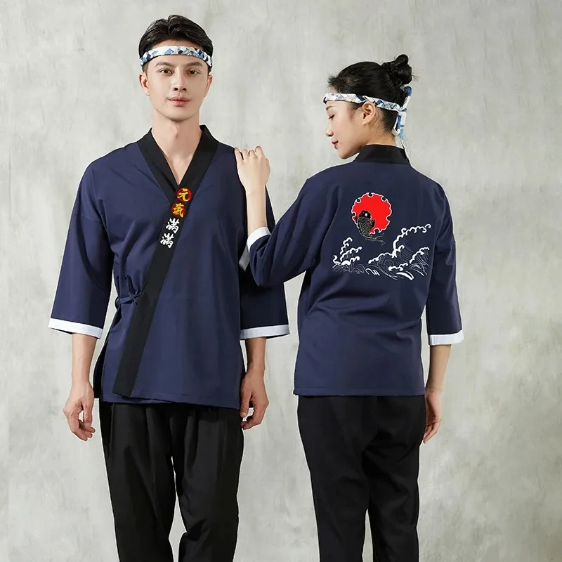 Japanse stijl Sushi Restaurant Chef-kok Jas Tops Kimono Kok Uniform Shirts Ober Overalls Izakaya Chef-kok Jassen Werkkleding