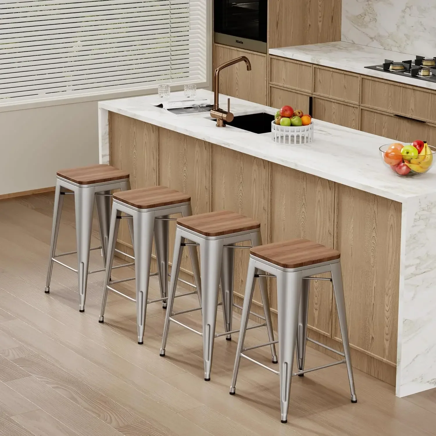 Bar Stools Industrial Counter Height Bar Stools Stackable Backless Barstools Set of 4 for Kitchen(26 inch, Silver)