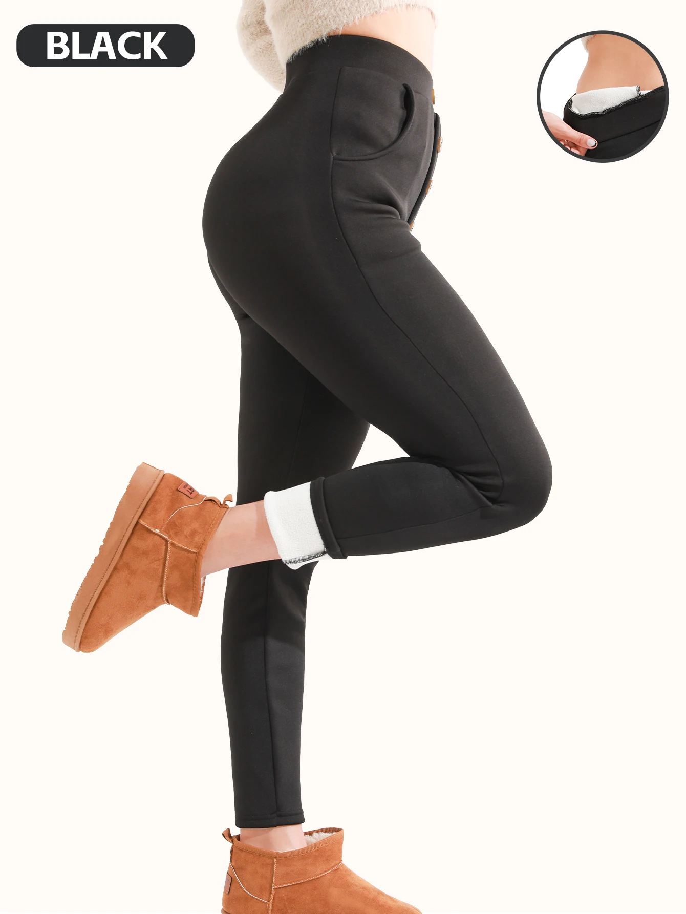 【Winter Style】High - Waist Buttoned Fleece - Lined Leggings for Women, Black, Slim Fit & Warm