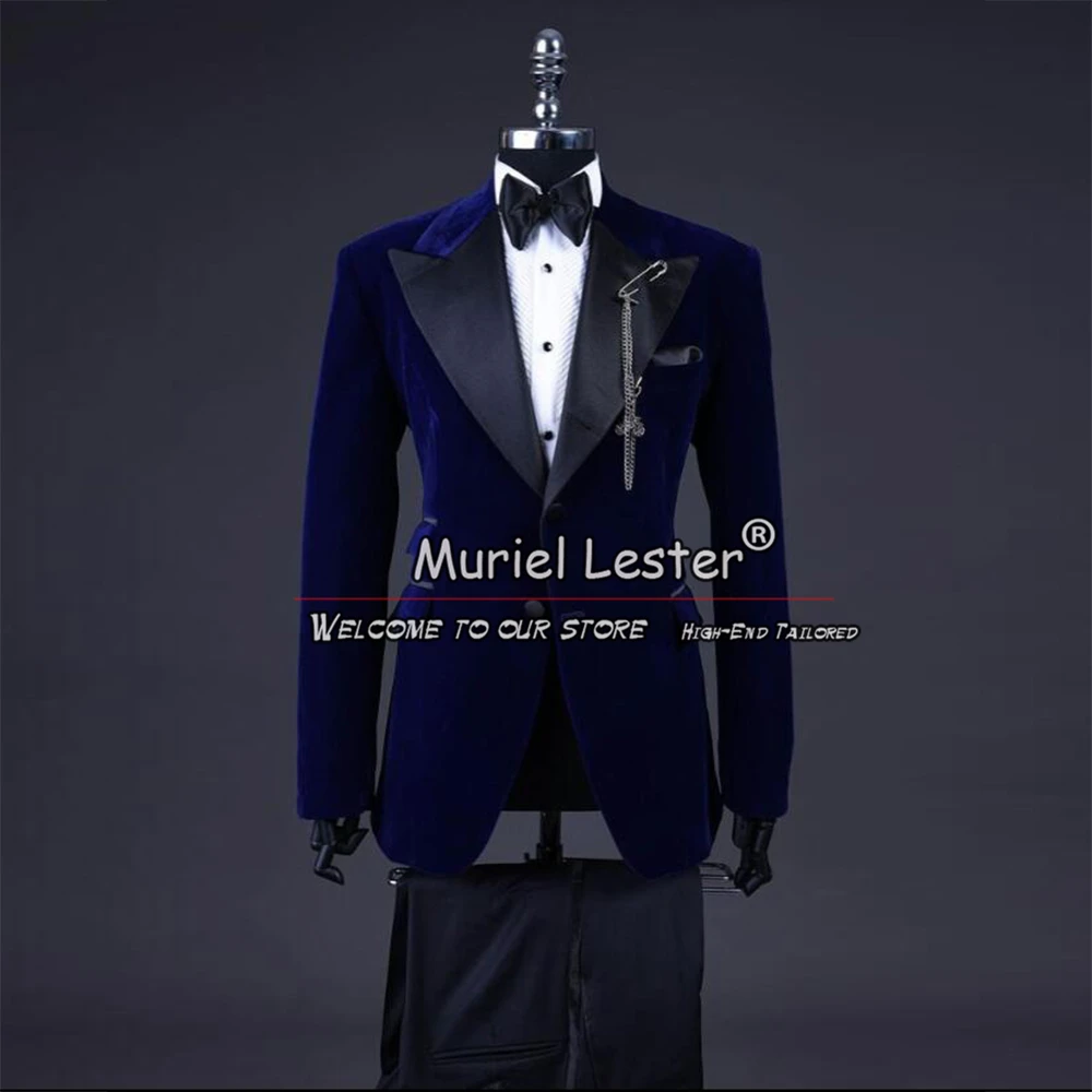 Royal Men Suits For Wedding Navy Velvet Black Notch Lapel Jacket Pants 2 Pieces Prom Party Groom Tuxedos Bespoke Male Clothing